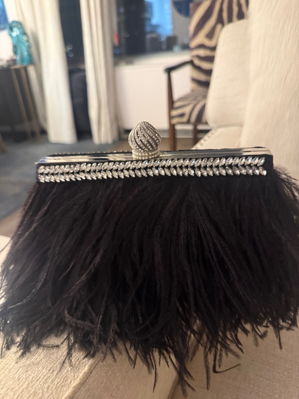 Jimmy Choo Black Feather Clutch with Crystal Trim